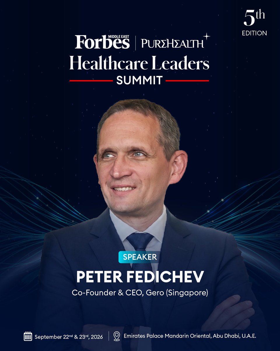 Forbes_MENA_'s tweet photo. Introducing the minds driving healthcare forward. 

Our speakers represent the full spectrum of the healthcare landscape, from precision medicine and AI to policy, community health, and next-generation technologies, bringing the insights shaping the future of care to the 5th Edition of the Forbes Middle East Healthcare Leaders Summit, held under the Patronage of H.E. Sheikh Nahyan bin Mubarak Al Nahyan, Minister of Tolerance and Coexistence, and presented by @PureHealthae , on September 22–23 at Emirates Palace Mandarin Oriental, Abu Dhabi. 

Be in the room. Register now: 
https://t.co/fHxJlvOOoC

@hacking_aging