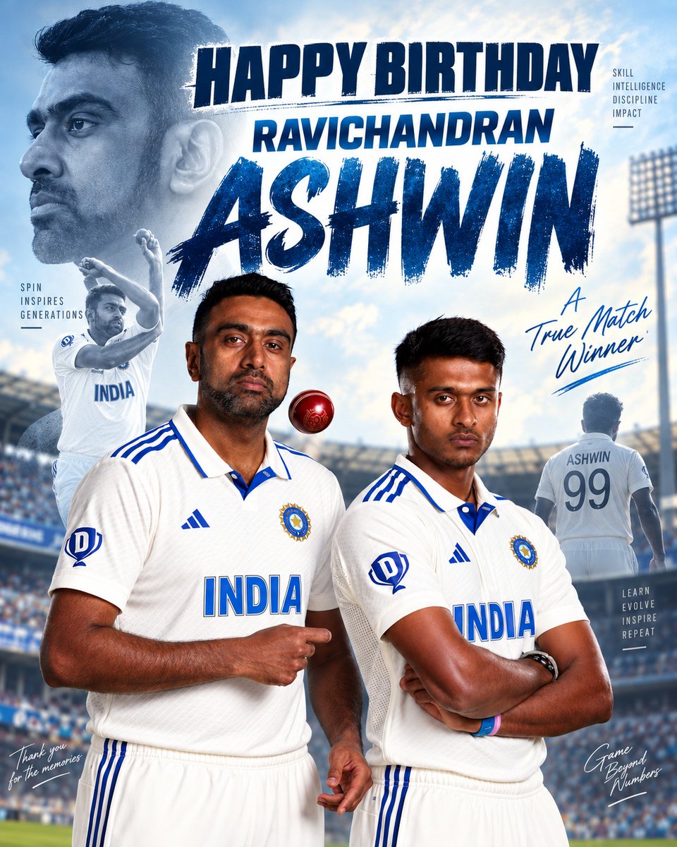 sai_victorious's tweet photo. HAPPY BIRTHDAY
RAVICHANDRAN ASHWIN 🦁🔥
A legend of Indian cricket. 🇮🇳
A proud son of Tamil Nadu. ❤️

Your cricketing journey, intelligence and fighting spirit have inspired millions.
Wishing you a very Happy Birthday, Ash anna! 🎂🏏

— Sai Victorious Club
#ravichandranashwin https://t.co/vXxfpMYYpY