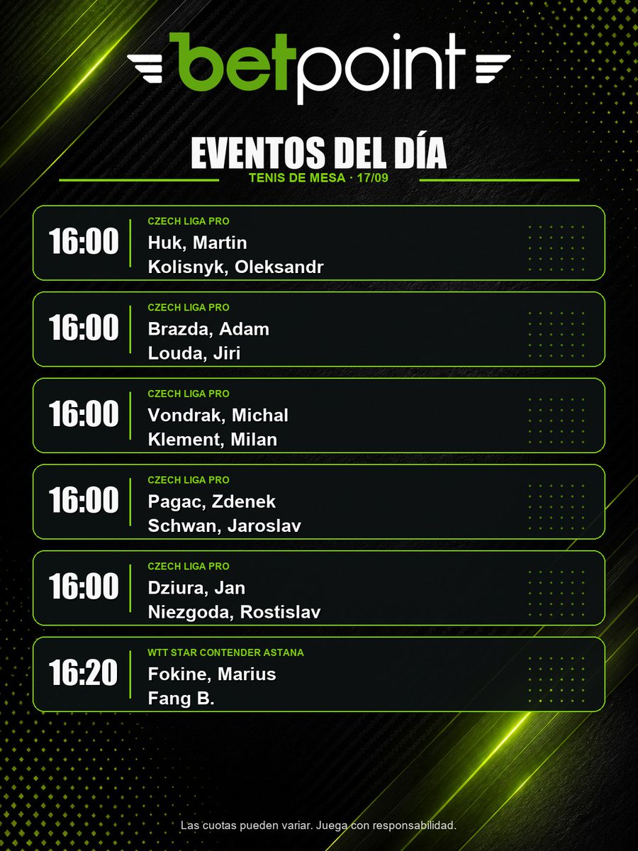 gobetpoint's tweet photo. 🔥 Agenda deportiva del 17 de septiembre 🔥
El día reúne fútbol europeo, baloncesto, dardos y tenis de mesa.
Desliza para consultar todos los encuentros y horarios. ¿Cuál vas a seguir?
#BetPoint #EventosDelDía #EuropaLeague #Baloncesto #Dardos #TenisDeMesa https://t.co/OfMyq9BGyB