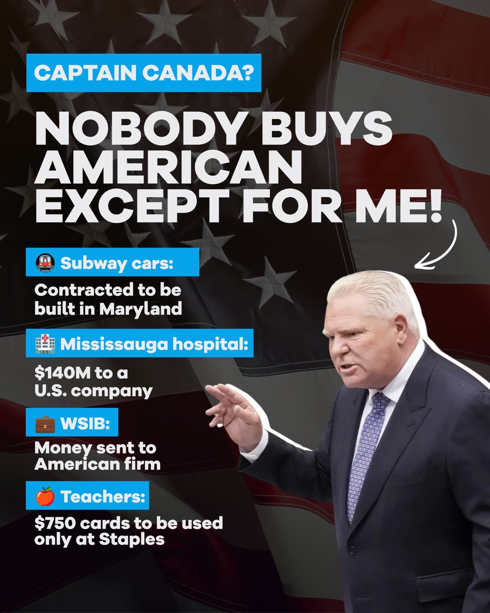 OntLiberal's tweet photo. The “rules for thee but none for me” Premier strikes again.

@fordnation is giving millions to American corporations… all while threatening to cut funding for municipalities if they don’t Buy Ontarian.

His hypocrisy is unmatched.

#onpoli https://t.co/LUDRAp9Byb