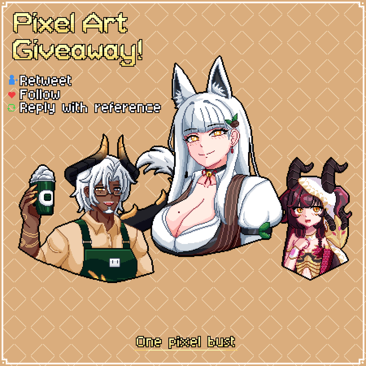 Nogatore's tweet photo. ❝ PIXEL ART RAFFLE ❞  
 
▹Thank you so much for the 400+ followers! To thank you for all the support, nothing better than PIXEL ART RAFFLE!! The winner will receive a bust-up pixel art!  

✨ To participate:  
▹FOLLOW + RT + REPLY WITH REFERENCE

⚔️ Deadline:
▹OCTOBER 1ST  
(#vtuber #pixelart)