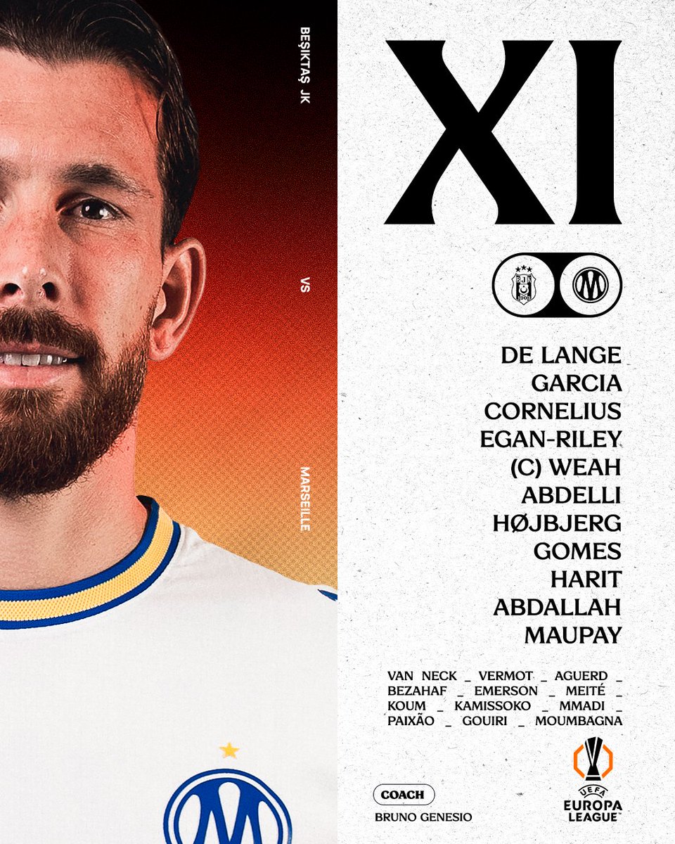 OM_Officiel's tweet photo. 📋 𝐒𝐓𝐀𝐑𝐓𝐈𝐍𝐆 ⚔️ #BJKOM

👥 Le 𝗫𝗜 𝗱𝗲 𝗱𝗲́𝗽𝗮𝗿𝘁 de Bruno Genesio pour cette rencontre d’@EuropaLeague ! 💪 https://t.co/p60840zcnW