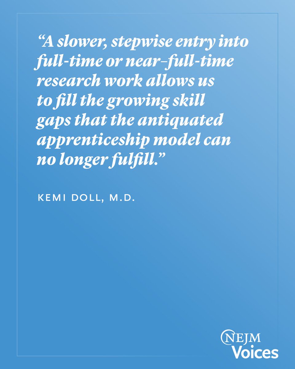 A quote from an NEJM Voices blog post reads as follows: “A slower, stepwise entry into full-time or near–full-time research work allows us to fill the growing skill gaps that the antiquated apprenticeship model can no longer fulfill.” The author is Kemi Doll, M.D. The background color is blue and includes the NEJM Voices logo.