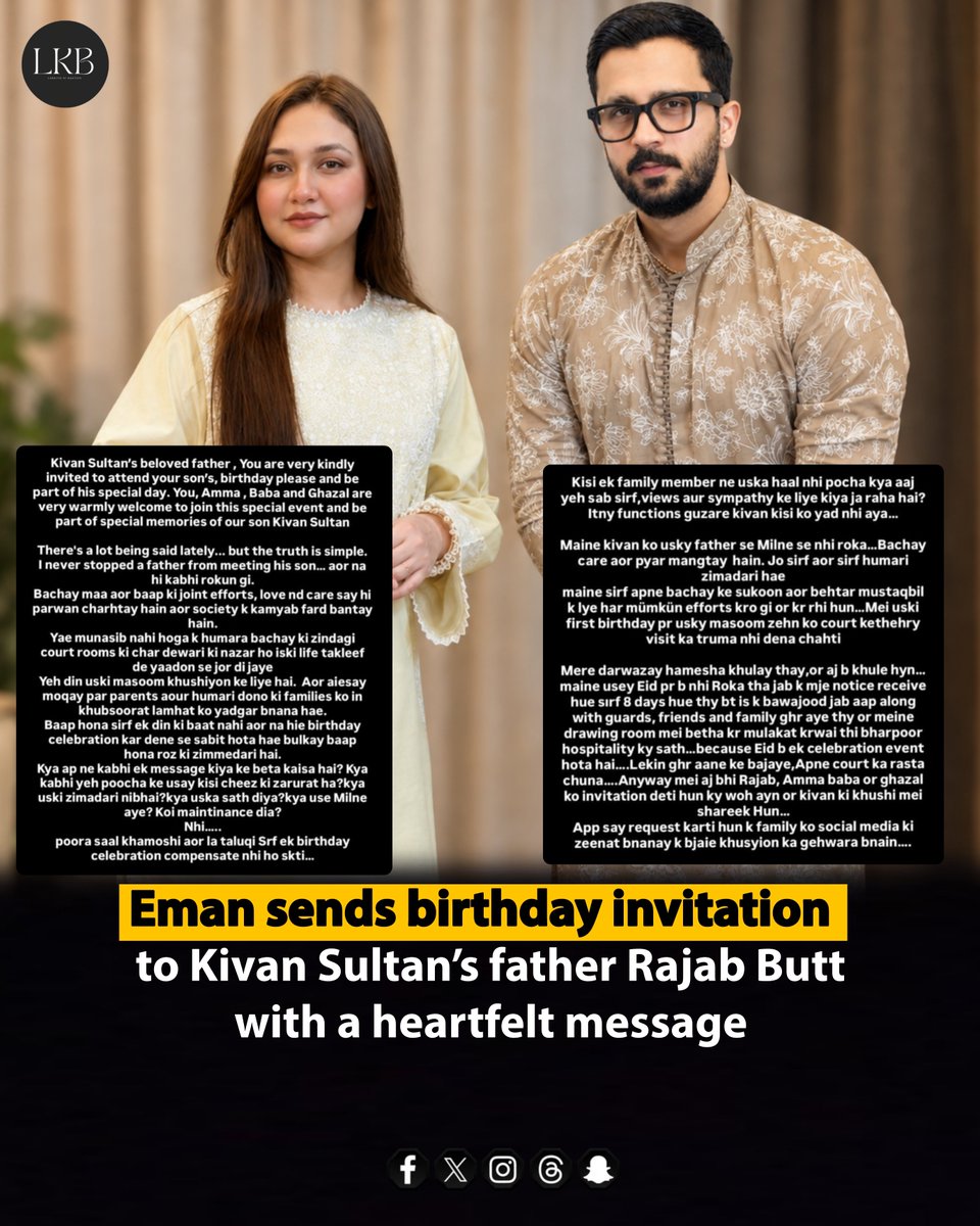 LarkyoKiBateinn's tweet photo. Eman shared a birthday invitation for Kivan Sultan’s father Rajab Butt, welcoming him and his family to be part of Kivan’s special day.
#KivanSultan #Family https://t.co/Si8vFfI7TV