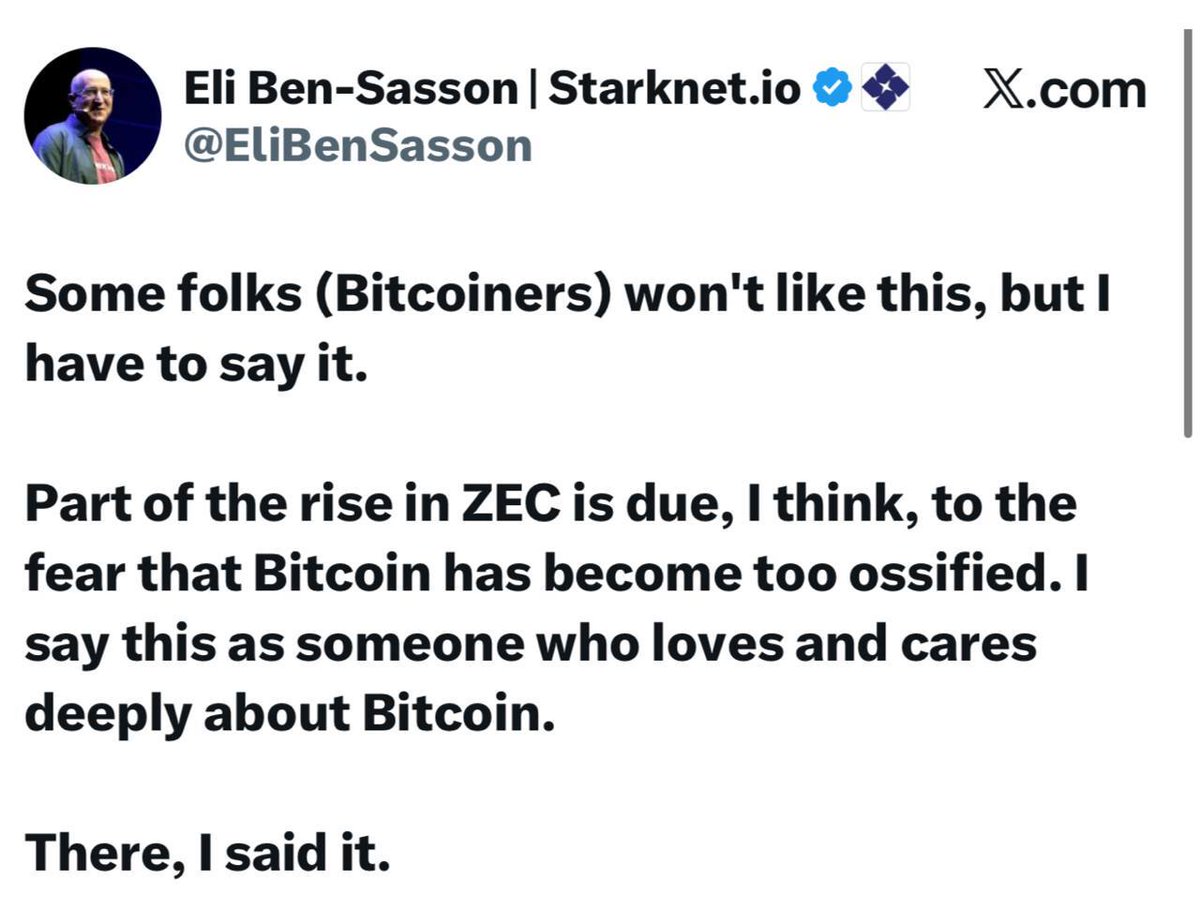 Cointelegraph's tweet photo. 🚨 INSIGHT: StarkWare co-founder and CEO Eli Ben-Sasson⁠ believes $ZEC’s rise is partly driven by fears that Bitcoin has become “too ossified.” https://t.co/oV5sF4G1ip