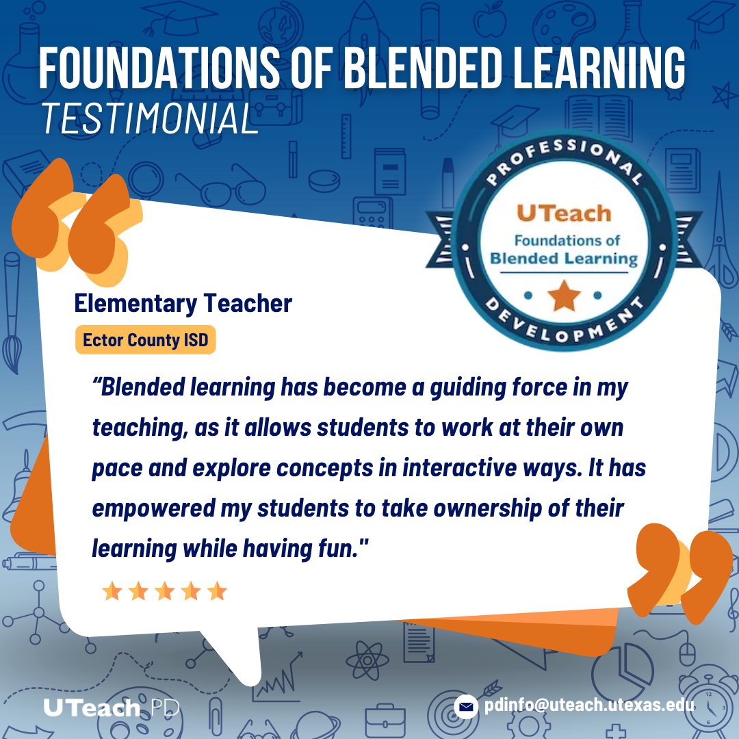 UTeachPD's tweet photo. “Blended learning has become a guiding force in my teaching. It has empowered my students to take ownership of their learning while having fun.”
—Elementary Teacher

🌟Learn more about this course and all our offerings at https://t.co/HnRh1cHchV https://t.co/aFMB8qYfKr
