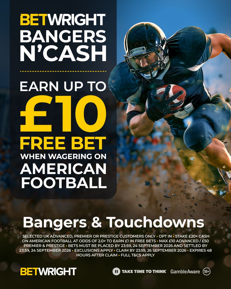 BetWrightUK's tweet photo. Nothing but Bangers &amp; Touchdowns!!!

Earn up to £10 FREE BET when wagering on American Football 🏈 

Who will get the Wright result on opening night?

#BetWright #BetTheWrightWay #AmericanFootball #FreeBet

18+ Only | https://t.co/n3XrDkxPvY https://t.co/YYTYE9wGMI