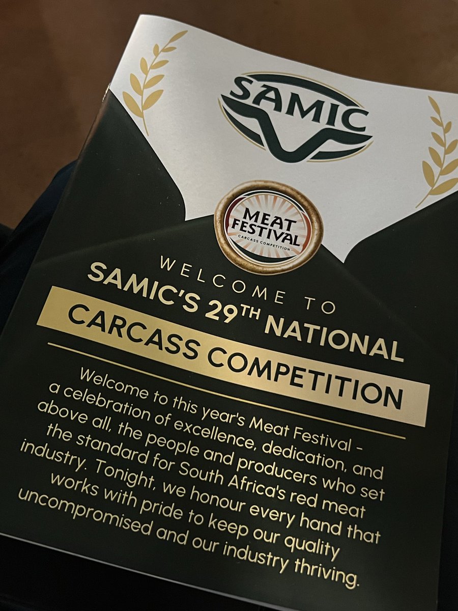 FarmersWeeklySA's tweet photo. #FarmersWeeklySA is attending SAMIC’s 29th National Carcass Competition Meat Festival, where the national winners of the annual carcass competition are being recognised.

The competition evaluates carcasses across the lamb, goat, pork and beef categories, with the results providing producers with insight into carcass quality and how their animals meet market requirements.

The programme also includes discussions on carcass efficiency.

#FarmersWeeklySA