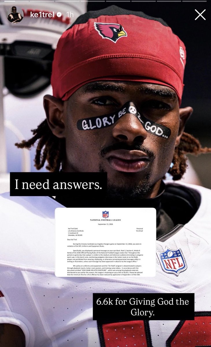 nflrums's tweet photo. 🚨🚨 #Cardinals CB Kei’trel Clark was fined $6,651 for writing “Glory Be 2 God” on his eyeblack vs the Chargers https://t.co/TMPb1nPY6H