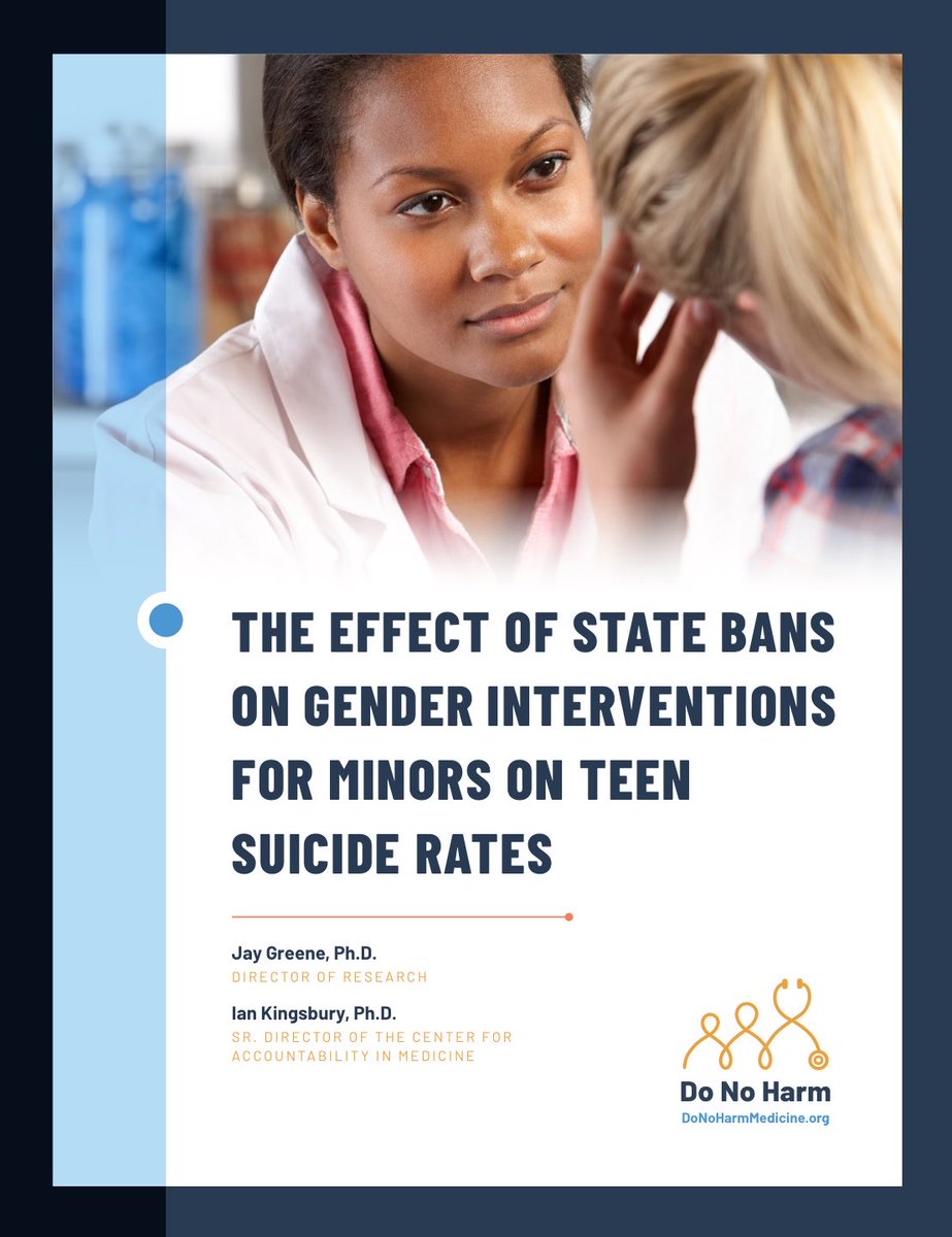 genspect's tweet photo. An important new study from @donoharm found no evidence for the widespread and alarmist claim that state prohibitions on surgeries, puberty blockers, or cross-sex hormones for gender-dysphoric minors increase suicide rates. ⬇️ https://t.co/iwRYsKwxdP