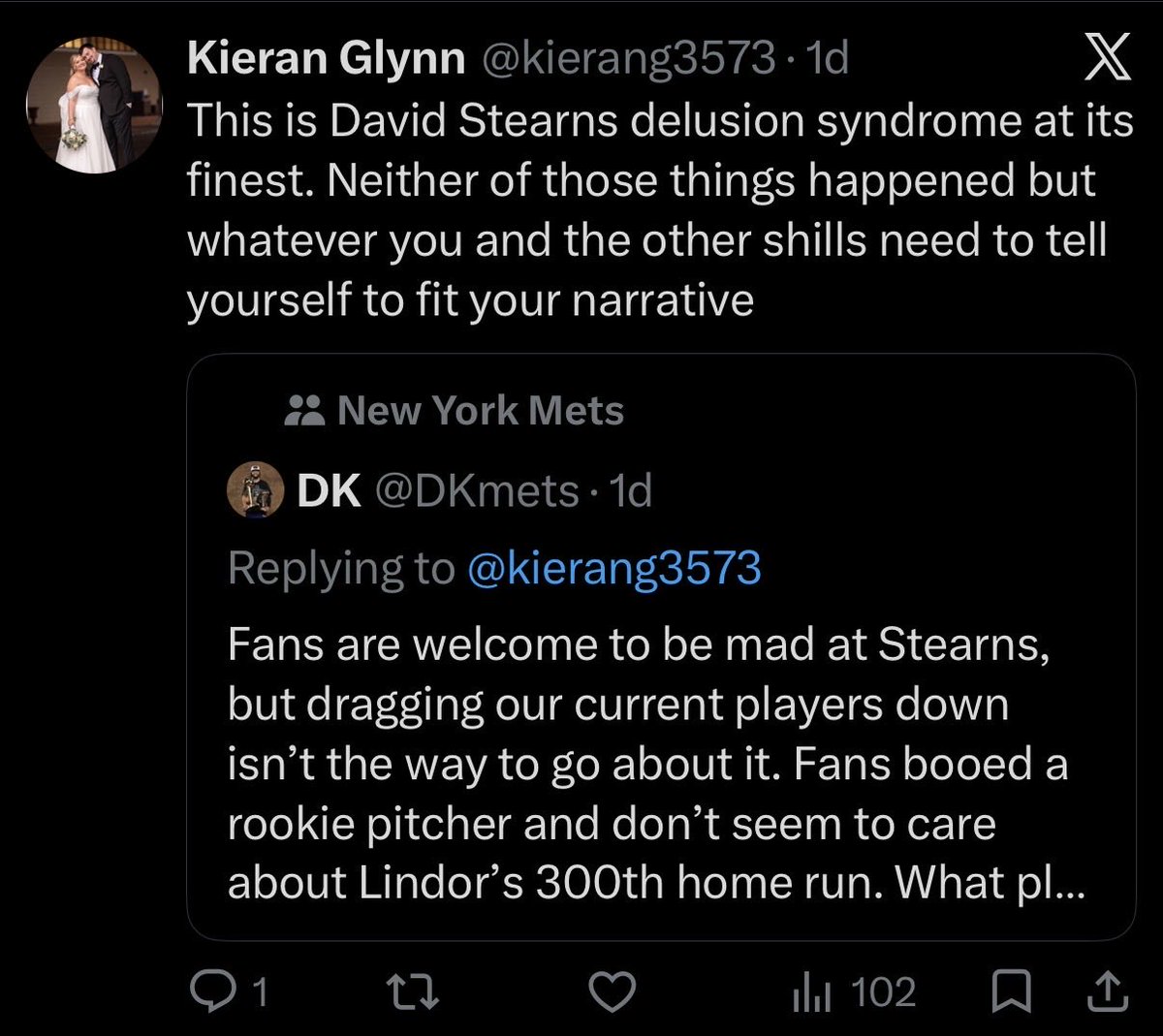 LigmaJ_2's tweet photo. @kierang3573 I never supported Stearns. I just don’t support cheering for Pete hitting home runs against us. And here are three tweets of yours equating the two. That’s my point. You don’t just think Stearns supporters are clowns, you also think anyone who didn’t support the Pete cheering is. https://t.co/keRp5yF0Ns