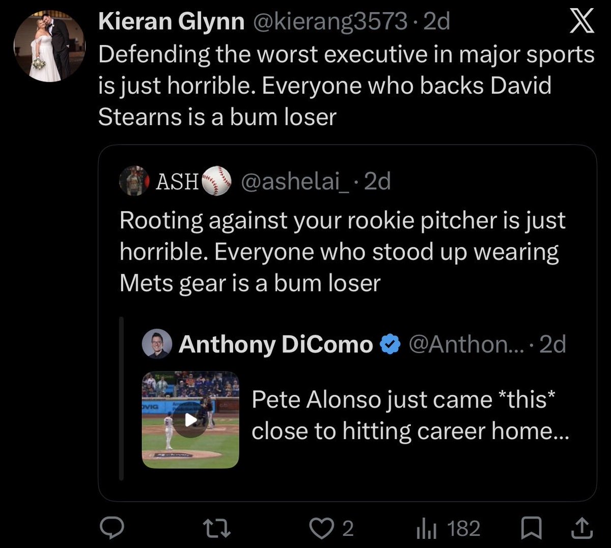 LigmaJ_2's tweet photo. @kierang3573 I never supported Stearns. I just don’t support cheering for Pete hitting home runs against us. And here are three tweets of yours equating the two. That’s my point. You don’t just think Stearns supporters are clowns, you also think anyone who didn’t support the Pete cheering is. https://t.co/keRp5yF0Ns