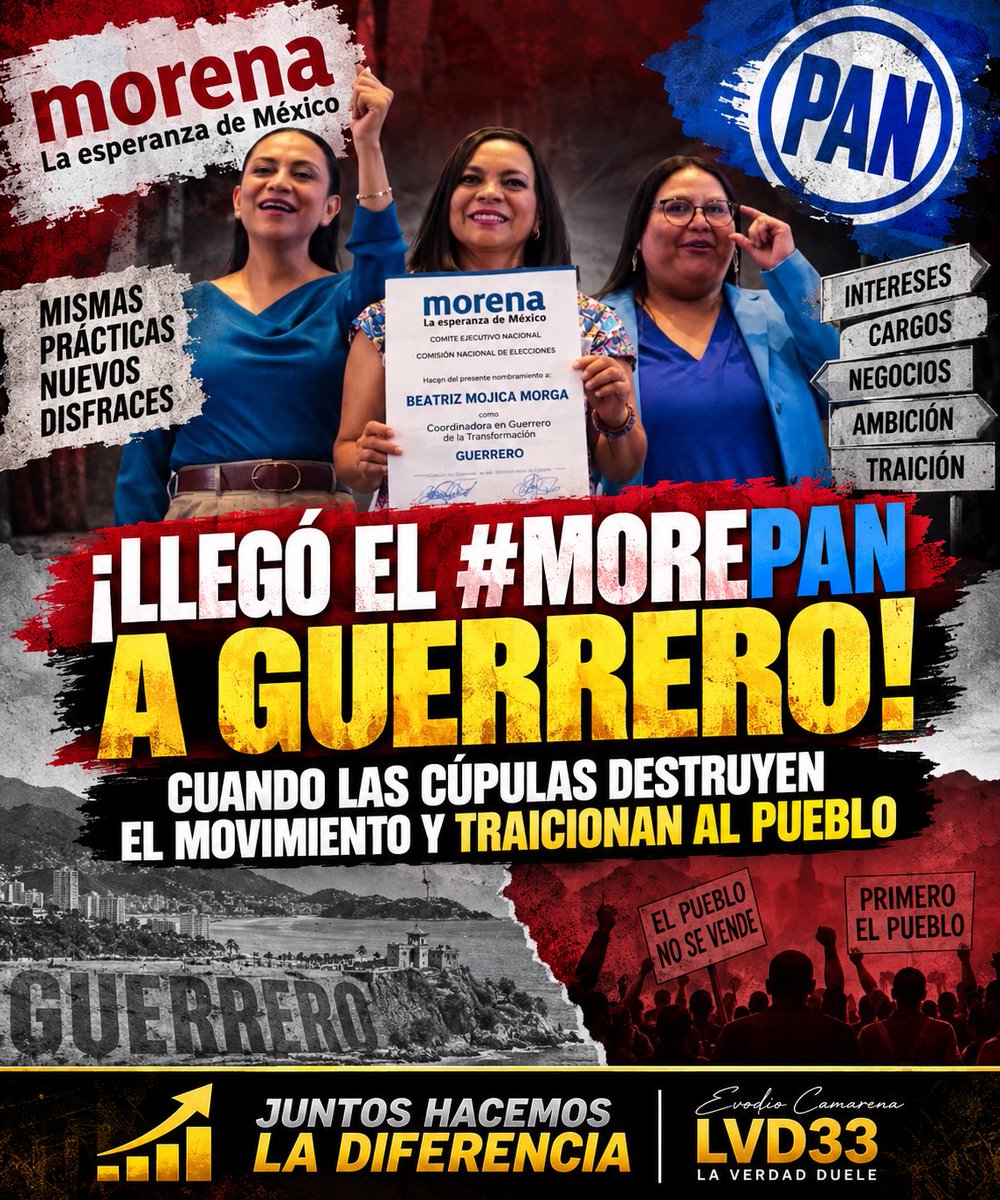 evodio33's tweet photo. ¡LLEGA EL #MOREPAN A GUERRERO! LA IMPOSTURA QUE AMENAZA CON DESTRUIR LOS PRINCIPIOS DE LA 4T 📉🐍🏛️

Entre enjuagues cupulares y la imposición de perfiles con pasado neoliberal, @A_MontielR  y @CitlaHM  están cavando la tumba del movimiento en Guerrero. 📋❌

Reciclar a los enemigos de la patria bajo las siglas del cambio no es transformación, es traición a la base. ¡El verdadero obradorismo no se vende! 🇲🇽🔥

Infórmate con Evodio Camarena en nuestras emisiones diarias a las 4:40 pm y 9:00 pm. ⏰📺
#evodiocamarena, #laverdaduele33 #Morepan, 🐍 #Guerrero, 📉