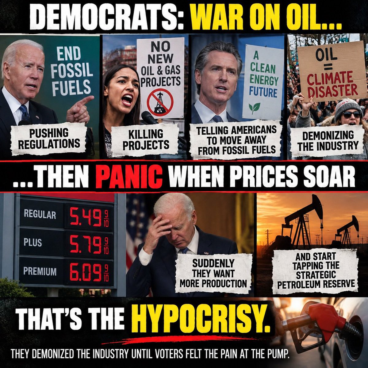GuntherEagleman's tweet photo. Democrats spent years treating oil and gas like the enemy, piling on regulations, killing projects, and telling Americans the future had to move away from fossil fuels.

Then when gas prices exploded, suddenly they wanted more production and started tapping the Strategic Petroleum Reserve.

That’s the hypocrisy.

They demonized the industry until voters felt the pain at the pump.