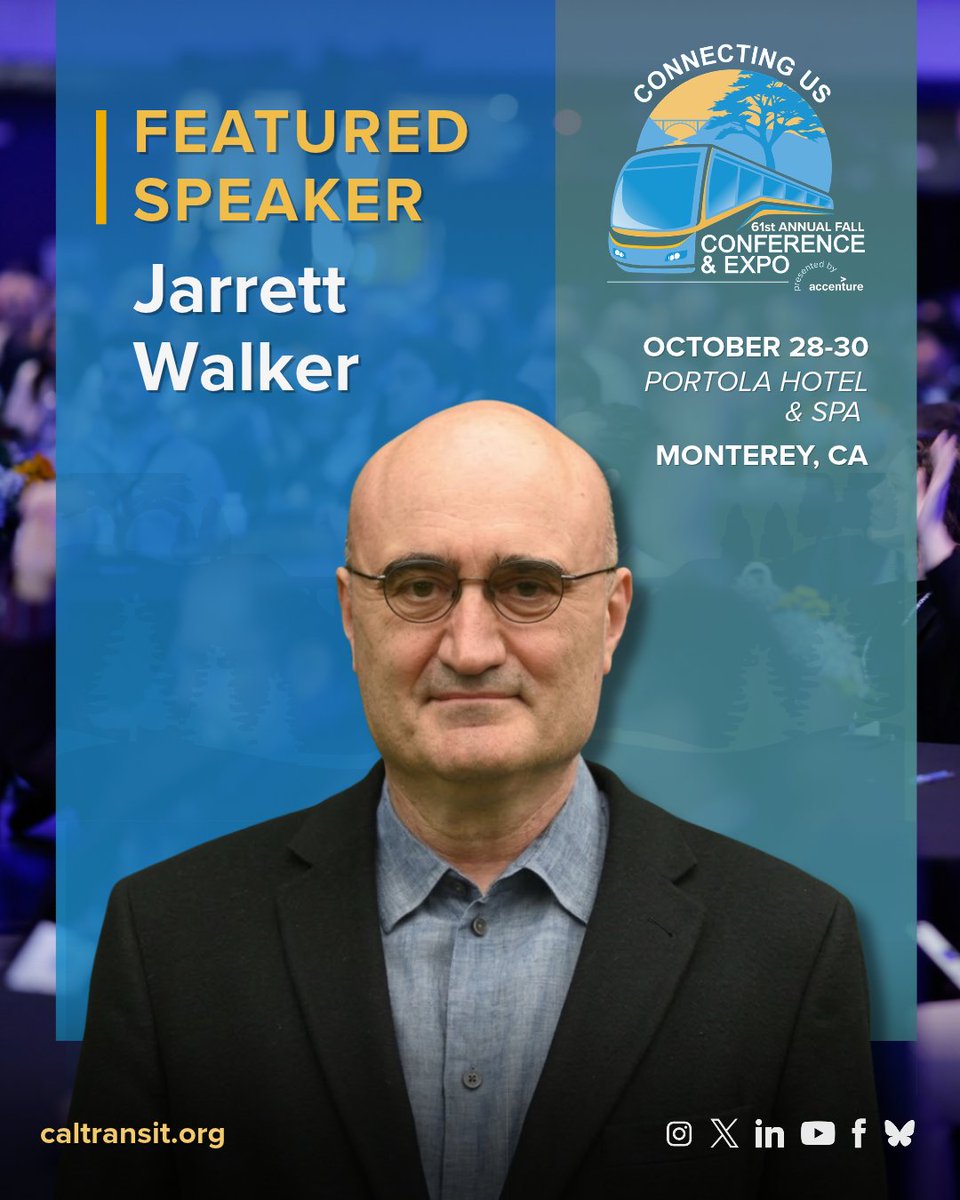 CalTransit's tweet photo. Join internationally recognized public transit expert and author Jarrett Walker at the California Transit Association’s 61st Annual Fall Conference & Expo, October 28–30 in Monterey.

Walker will lead two sessions focused on navigating change in transit: Making Service Decisions in Uncertain Times, a workshop on managing budget crises and difficult service reductions, and Navigating Change: Leadership, Innovation, and Implementation, where he’ll share insights from his work with Monterey Salinas Transit and join agency leaders for a discussion on network redesigns, community engagement, and implementation.

Register today to learn directly from one of public transit’s leading experts:
https://t.co/mdu65zsZBw