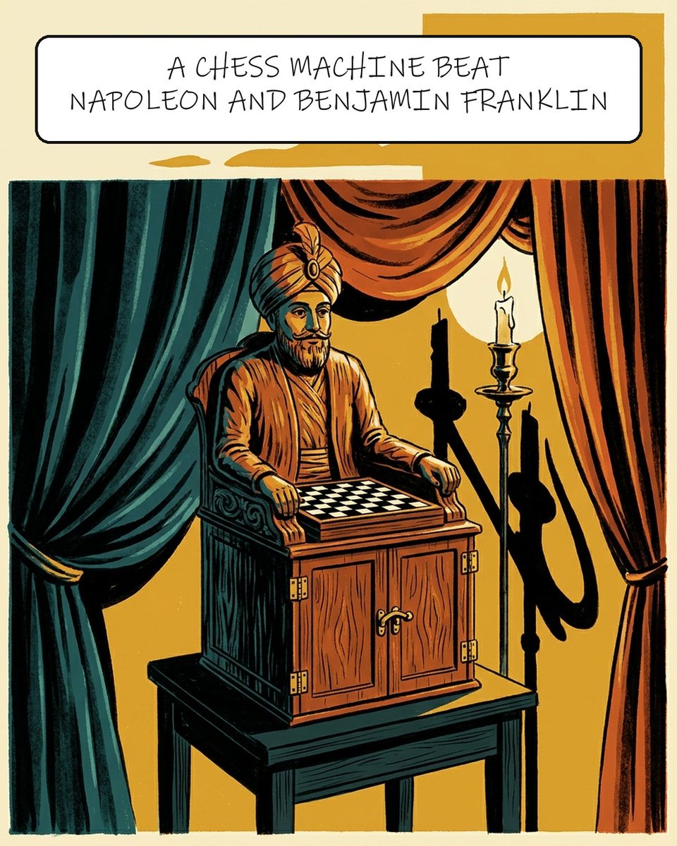 kayforkind's tweet photo. 1770. A chess machine is unveiled for Empress Maria Theresa. It goes on to tour Europe for 84 years, beating Napoleon Bonaparte and Benjamin Franklin.

There was a man inside it.

Wolfgang von Kempelen built it after a French illusionist upstaged him at the Empress's court. The cabinet was carved to look like a seated man in a turban, with a chessboard in its lap. In the compartment underneath sat a chess master, following the game and moving the pieces with levers and magnets. The operator changed over the years. Everyone suspected the trick, but nobody described it accurately while the machine still existed.

It burned in a fire in 1854. The first full explanation came in 1857, from the son of one of its owners.

Amazon named its crowdsourcing service after it. Human beings, doing the work a machine appears to be doing.

The machine that beat Napoleon at chess had a chess master inside it.

what's the oldest piece of technology you ever believed was magic?