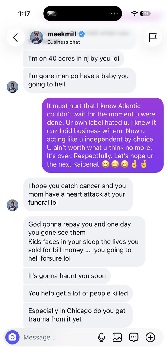 Akademiks's tweet photo. Meek so frustrated wit me got this nigga  going spiritual with me 😆😆. He said “go have some kids.. u going to hell.. I hope u catch cancer” https://t.co/X3QgIdk4gT