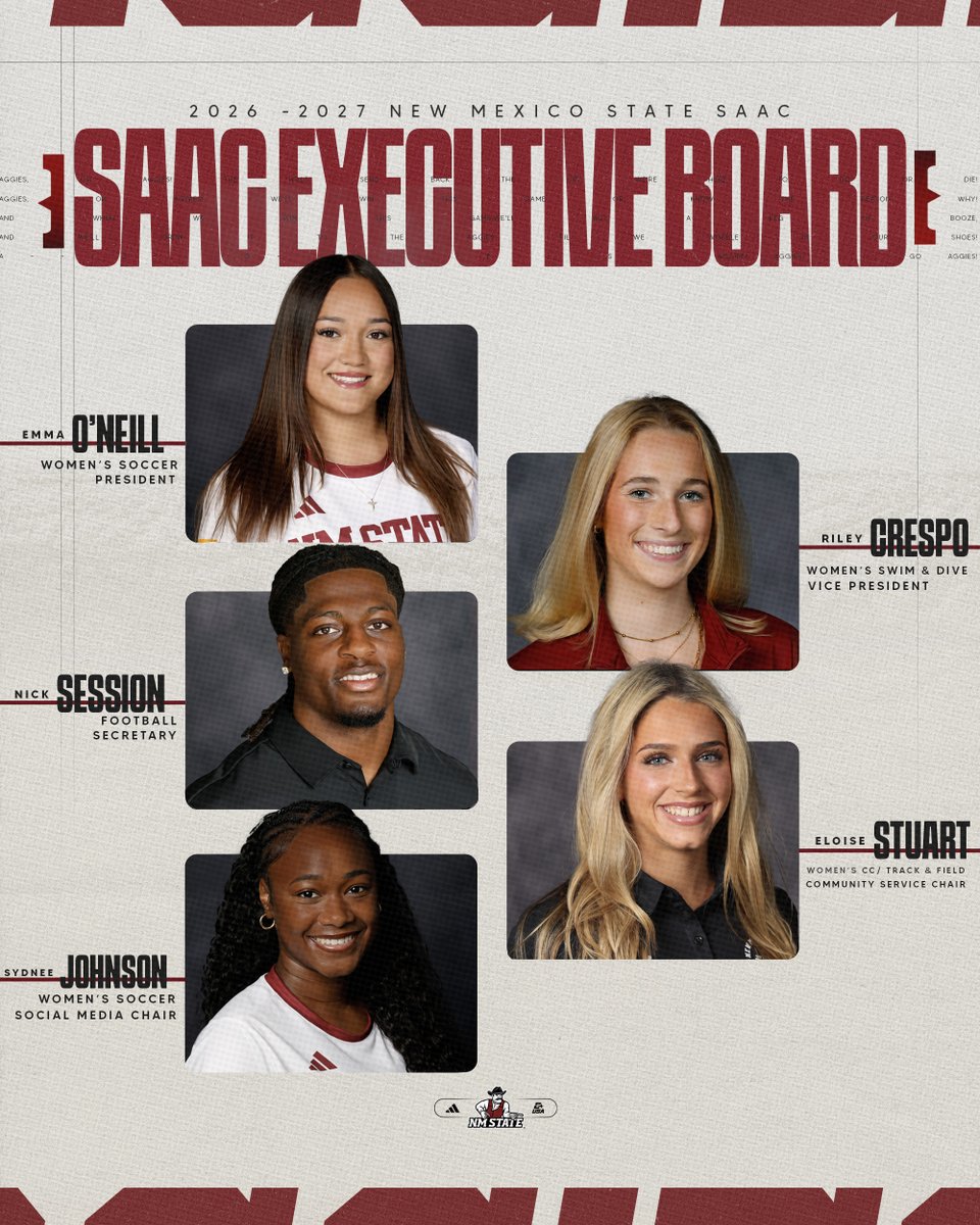 NMStateAggies's tweet photo. 𝐋𝐞𝐚𝐝𝐞𝐫𝐬 𝐚𝐦𝐨𝐧𝐠 𝐥𝐞𝐚𝐝𝐞𝐫𝐬 👏  

Meet our 2026-27 @NMStateSAAC exec board &amp; reps!   
These student athletes provide insight and provide input on the athletic experience.  

Additionally, they serve as a vital link between sports teams &amp; the community 🤝  

#AggieUp https://t.co/f3yPhcAG1n