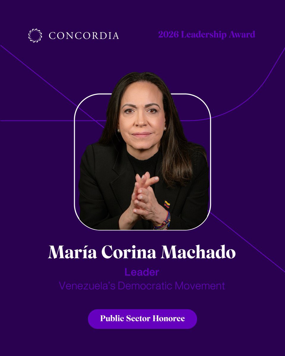 vente_mundo's tweet photo. 🇻🇪 | Líder de la Oposición Venezolana María Corina Machado (@MariaCorinaYA) Recibirá el Premio al Liderazgo de Concordia 2026 para el Sector Público (@ConcordiaSummit). 

El Premio al Liderazgo de Concordia reconoce a líderes globales que han realizado contribuciones pioneras e inspirado a otros al convertir la visión en impacto.

 #ConcordiaSummit2026

🤳🏻