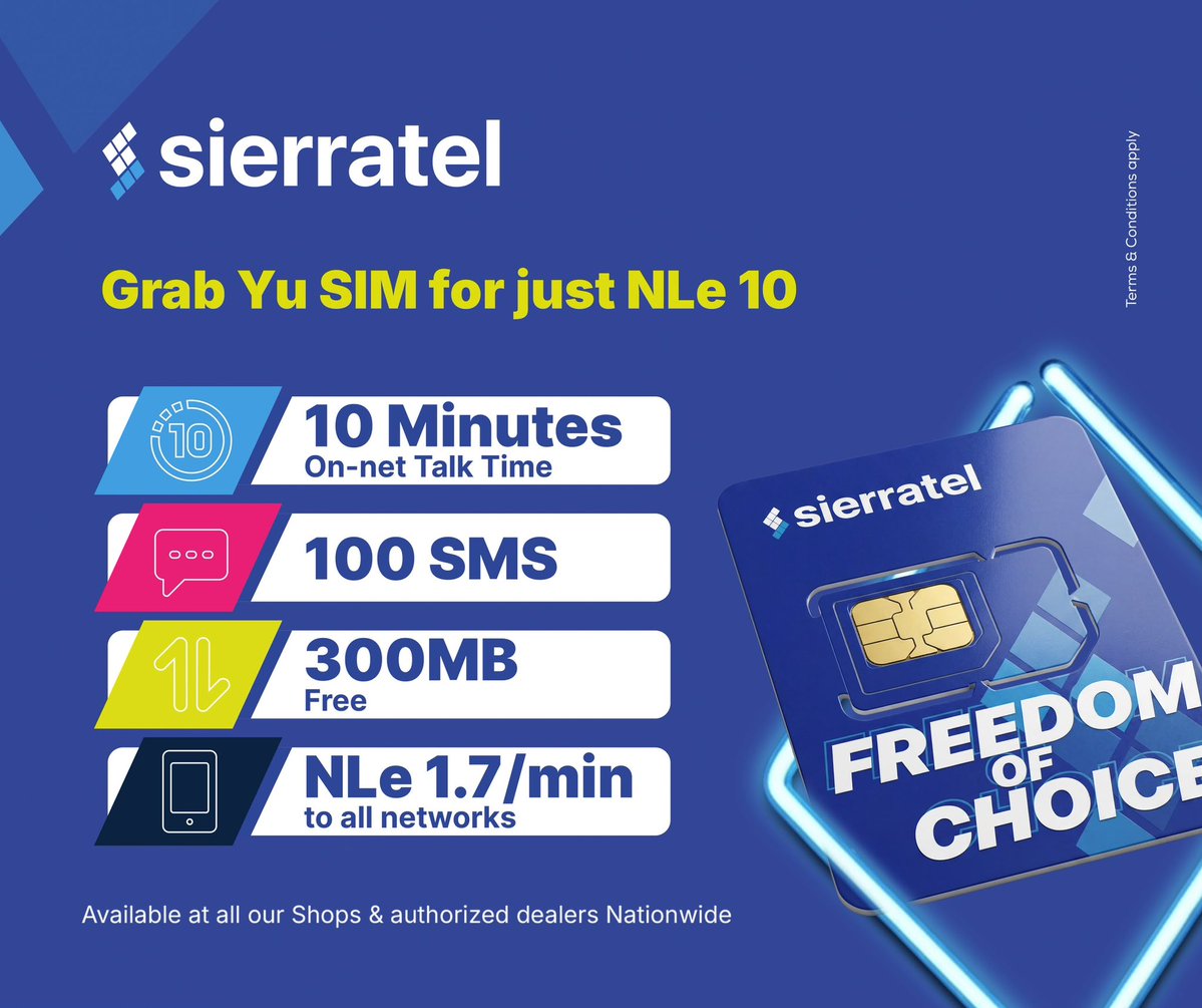 Sierratelsl's tweet photo. Grab your Sierratel SIM Card and enjoy all the goodies that comes with it🤩. 

For only NLe10, you’ll get FREE 10 Mins calls, 100 SMS, and 300MB when you activate👌🏾.

Available at all our Shops and authorized dealers nationwide💙.

#SaloneTwitter
#SaloneX https://t.co/2uKEUQydfp