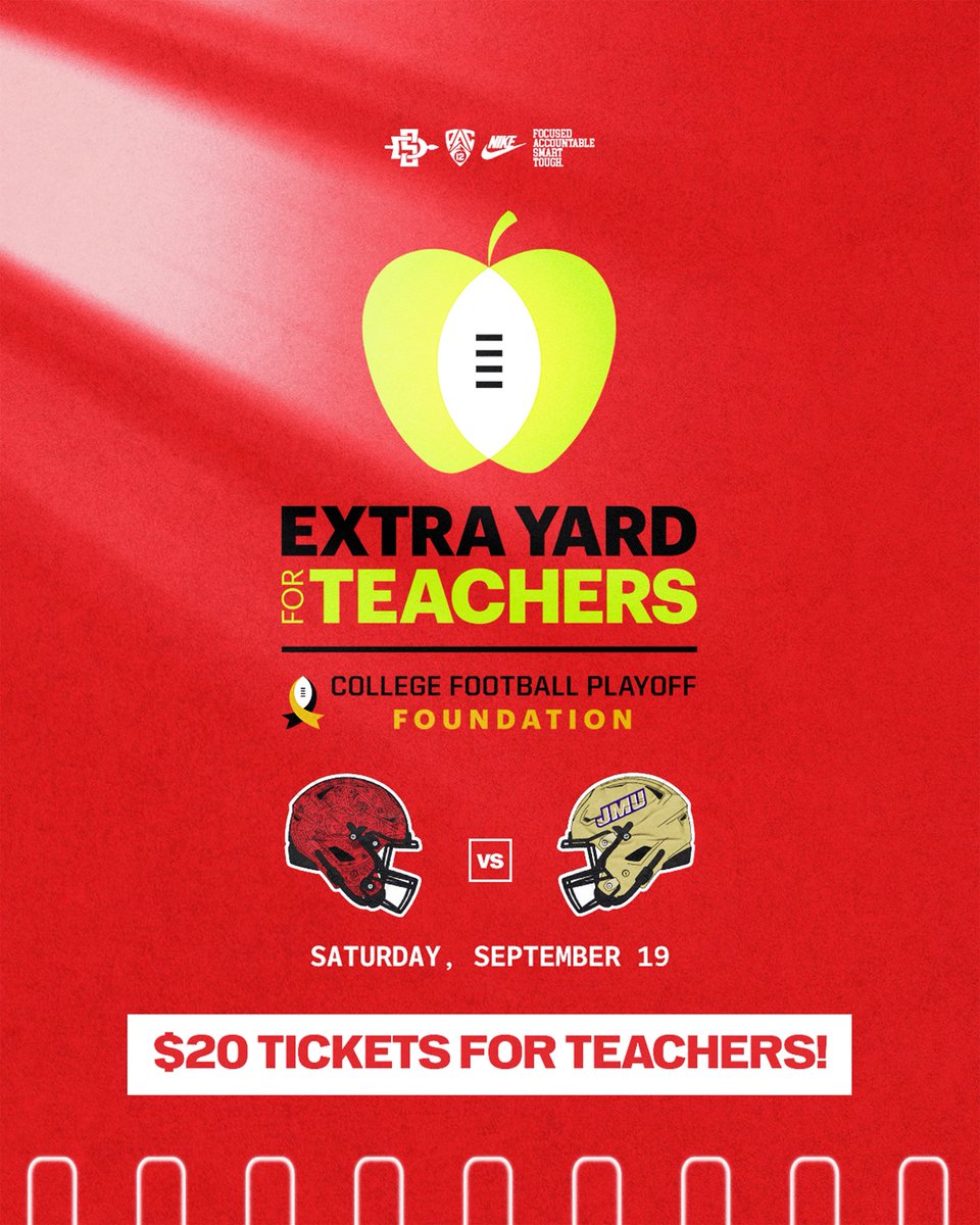 AztecFB's tweet photo. Calling all local teachers and school administrators‼️

This Saturday we celebrate @CFPExtraYard. We’re offering discounted tickets for just $20 each for all teachers and school administrators. 

To receive the discount code, fill out this form: https://t.co/FoXp4aBQ8V

#AztecFAST 🍢 x #BeTheA1pha 🐺 x #TheClimb 📈