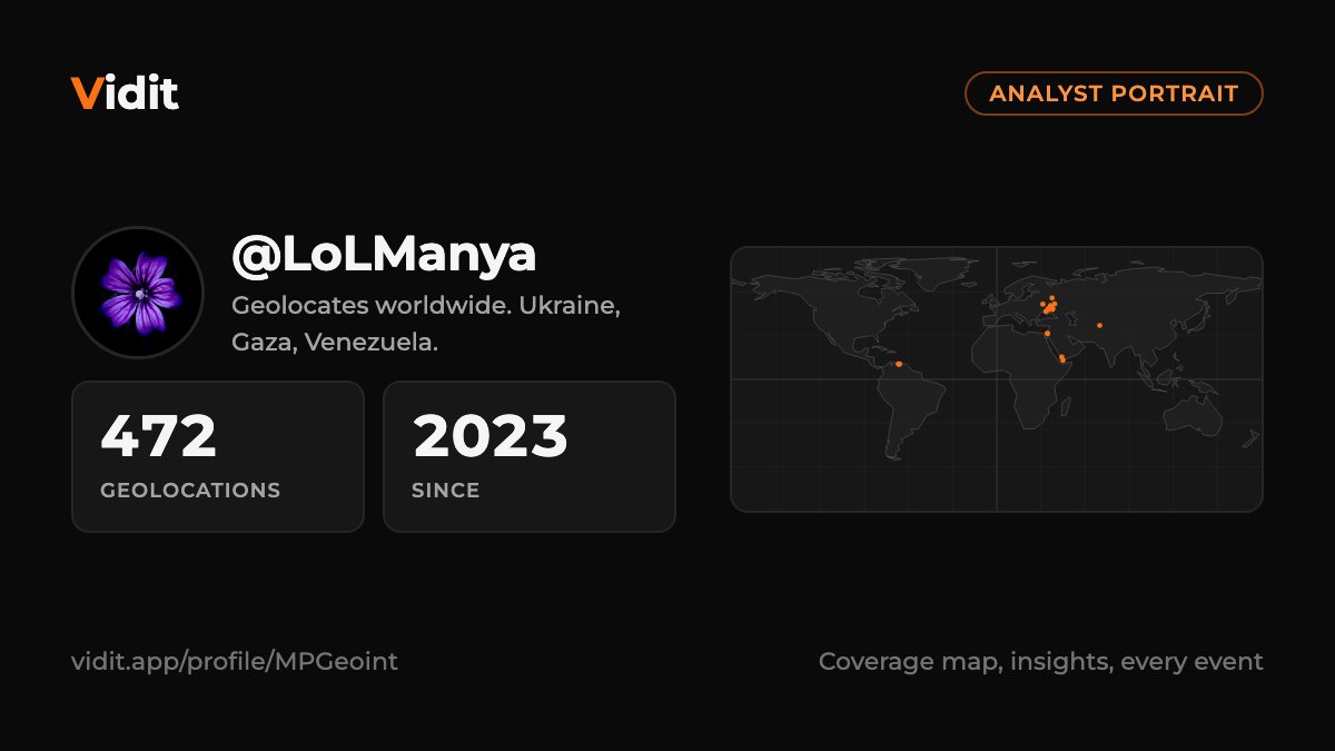 ViditHQ's tweet photo. Analyst portrait, the first one.

@LoLManya geolocates worldwide: Ukraine, Gaza, Venezuela. 470+ events on the Vidit map, and a tool of his own on the way.

We asked a few questions. His answers, in his words. 🧵
https://t.co/lphbPz4Odc https://t.co/cKSukqtI8i