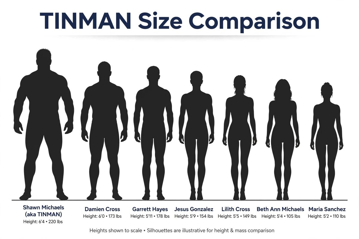 KevinManDraken's tweet photo. Scaling the Nightmare: The Scale of TINMAN

Standing tall at 6'4" and 220 lbs, Shawn Michaels—the man behind the modern urban legend known as TINMAN—wields a staggering physical advantage over his targets.

It is vital to remember that despite the towering, unstoppable aura he projects, Shawn is entirely human. There is no sci-fi metal core, no cybernetic super-computer, and no supernatural robotics powering his frame. His presence isn't built on circuitry; it's built on raw, crushing bone and muscle, enhanced by heavily engineered, body-powered steel prosthetics that turn his physical frame into a relentless engine of destruction.

Looking at the comparative breakdown reveals just how suffocating that size discrepancy truly is when he corners his victims:

 Shawn Michaels (TINMAN): 6'4" • 220 lbs
 Damien Cross: 6'0" • 173 lbs (Giving up 4 inches and nearly 50 pounds)

 Garrett Hayes: 5'11" • 178 lbs (Outmatched by 5 inches and over 40 pounds)

 Jesus Gonzalez: 5'9" • 154 lbs ( dwarfed by 7 inches and nearly 70 pounds)

 Lilith Cross: 5'5" • 149 lbs

 Beth Ann Michaels: 5'4" • 105 lbs

 Maria Sanchez: 5'2" • 110 lbs

When you look at someone like Maria Sanchez at 5'2" or Beth Ann Michaels at 5'4", they are facing a full foot of height and over double their body weight in sheer mass. Even against full-grown men like Jesus or Damien, Shawn towers over them, turning every confrontation into an inescapable, claustrophobic nightmare.

When a man of that magnitude—reinforced by heavy steel mechanics—comes for you, you don't just fight a killer. 

You fight an avalanche.