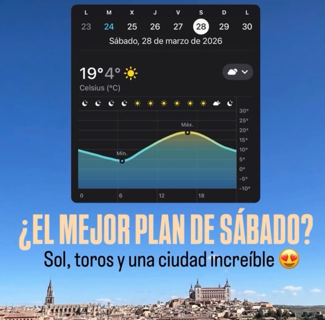 jonathan20112's tweet photo. ¿Un plan mejor?

☀️ Todo apunta a que el sábado lucirá el sol en Toledo, con 20 grados previstos para la hora del inicio de la corrida.

Ahora sí que no tienes ninguna excusa para acudir a apoyar a Álvaro Lorenzo en su gesta con seis toros por la nue... https://t.co/cPFPyanZ7l