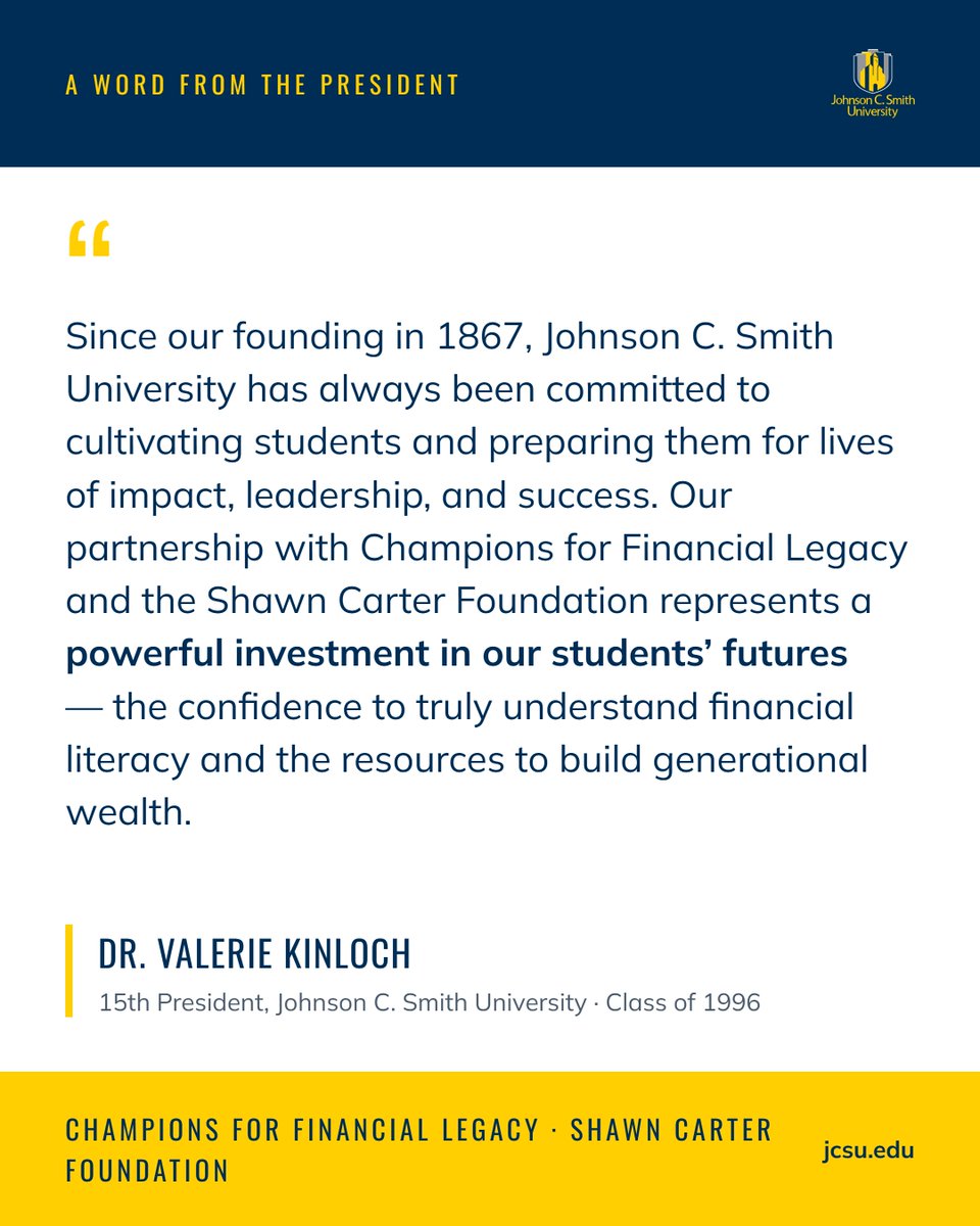 JCSUniversity's tweet photo. Johnson C. Smith University is partnering with Champions for Financial Legacy and the Shawn "Jay-Z" Carter Foundation to advance financial literacy and generational wealth-building for our students. Since 1867, preparing leaders for lives of impact. #JCSU #SitLux https://t.co/8QHGtjSD6o