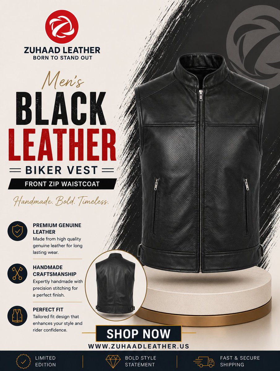 zuhaadleather's tweet photo. Looking for gear that transitions seamlessly from the bike to the city? 🔥

Meet the Men’s Black Leather Biker Waistcoat by Zuhaad Leather. Featuring a clean front-zip closure, structured stand collar,

and breathable micro-perforated body panels, this waistcoat delivers modern motorcycle aesthetic with zero extra bulk.

Handcrafted from real, high-grade leather

Adjustable waist tabs for a sharp, custom fit

Limited quantities remaining in this batch

🛒 Shop now directly at https://t.co/ejgQOk5g4v or click the link in our bio!

Option 3: The Short & High-Impact Urgency Angle

Hook: Handmade. Bold. Timeless. 🏁

#StreetwearMen #MensFashion #LeatherJacketStyle #ShopLeather #CrocLeather