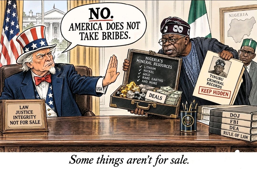 KVONBATTEN's tweet photo. Nigerian President #Tinubu, who is alleged by the FBI and DEA to have been part of a group that smuggled #heroin into the United States in the 1990s, must not be allowed anywhere near President @realDonaldTrump or any Republican official.

The reported bragging by #Nigerian officials that they have “settled” the Americans (“settled” being Nigerian slang for giving something of value in exchange for a favor) is “a fantasy that only lives in the heads of corrupt Nigerian officials.” And to call the Nigerian government corrupt would be an understatement.