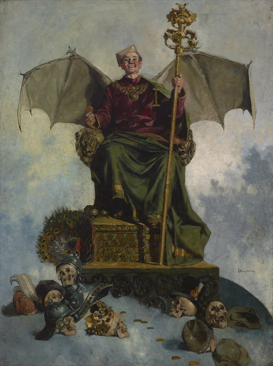 JamesLucasIT's tweet photo. They say the devil hates his servants the most.

Here's why...

This painting is called Allegory of Satan, or Lord of the World, painted around 1900 by the Polish artist Ludwik Stasiak. It is not the devil you might expect. There are no flames, no chaos and no horns leering out of the dark. Stasiak painted something far more unsettling.

Here the devil sits enthroned like a ruler of the world, with a sardonic grin on his face, surrounded by the symbols of earthly power: wealth, ambition, domination. Evil, he suggests, never arrives as something horrifying that we instantly reject. It arrives as something attractive. It looks like success. It looks like money, and status, and control. It looks like everything the world tells us to want.

And that is what makes the painting feel so modern, more than a century after it was made. Stasiak was working at the turn of the twentieth century, an age obsessed, like ours, with progress, fortune and getting ahead. And he was warning that the most dangerous evil is not the kind that frightens us, but the kind that seduces us, the kind we serve willingly because it promises to make us powerful.

Which brings us back to the old saying: "the devil hates his servants the most." Look closely at what lies beneath his throne. Scattered at its base are the skulls of the powerful, still wearing their crowns and their helmets in death, the very people who traded their souls for money and power. And he sits above them, amused, because the joke is on them. This is why the devil hates his servants the most: he does not respect them for serving him, he despises them for it, because they handed over the only thing that ever mattered in exchange for things that rot.

It's my favorite depiction of Satan because Stasiak did not depict a devil we would run from, he painted a devil we would kneel to, and follow, and call our lord, mistaking our own chains for a crown. And I think that comes much closer to the truth. The artist was giving form to a warning as old as the Gospels themselves: 

"No one can serve two masters. You cannot serve both God and money."