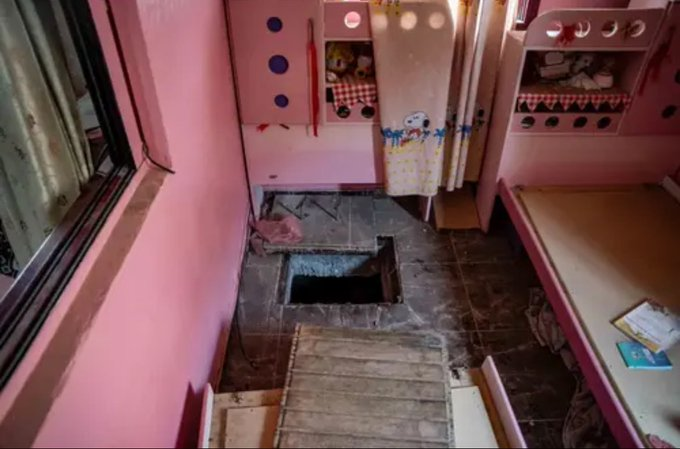 VividProwess's tweet photo. This is a child’s bedroom in Gaza. The tunnel shaft was hidden under the child’s bed so terrorists could use the tunnel to store weapons, hide inside, and use the children as human shields. Imagine being so full of hatred that you use your own child as a shield. https://t.co/JtuNyYICXo