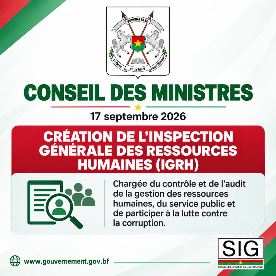 sigbf's tweet photo. Création de l’Inspection générale des ressources humaines :
Une nouvelle structure chargée notamment du contrôle et de l’audit de la gestion des ressources humaines et du service public, ainsi que de participer à la lutte contre la corruption.

#Com_Gouv_BF https://t.co/fw1WAZAyg0