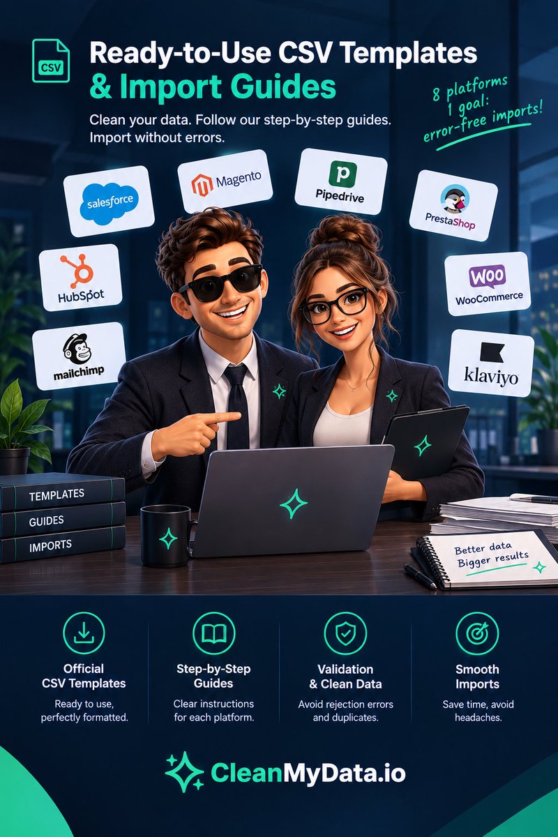 Cleanmydata_io's tweet photo. Free import templates for HubSpot, Salesforce, Klaviyo, Mailchimp, Magento, Pipedrive, PrestaShop and WooCommerce.

Real column structures, plus a walkthrough of why imports usually fail on each platform.

Grab yours: https://t.co/EIvnC5gEaG https://t.co/4tgiaEGO9l