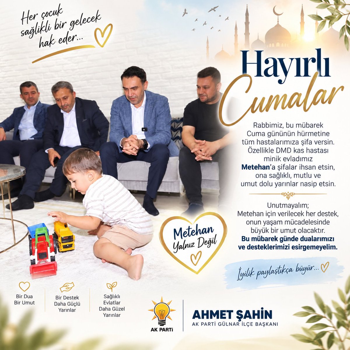 AkGulnar33's tweet photo. 🕌 Hayırlı Cumalar

Bu mübarek Cuma gününde; dualarımız DMD kas hastalığıyla mücadele eden minik evladımız Metehan ve şifa bekleyen tüm evlatlarımız için… 🤲
@AdemAldemir33
@ahmetsahinn33 https://t.co/MpGn0YAlx7