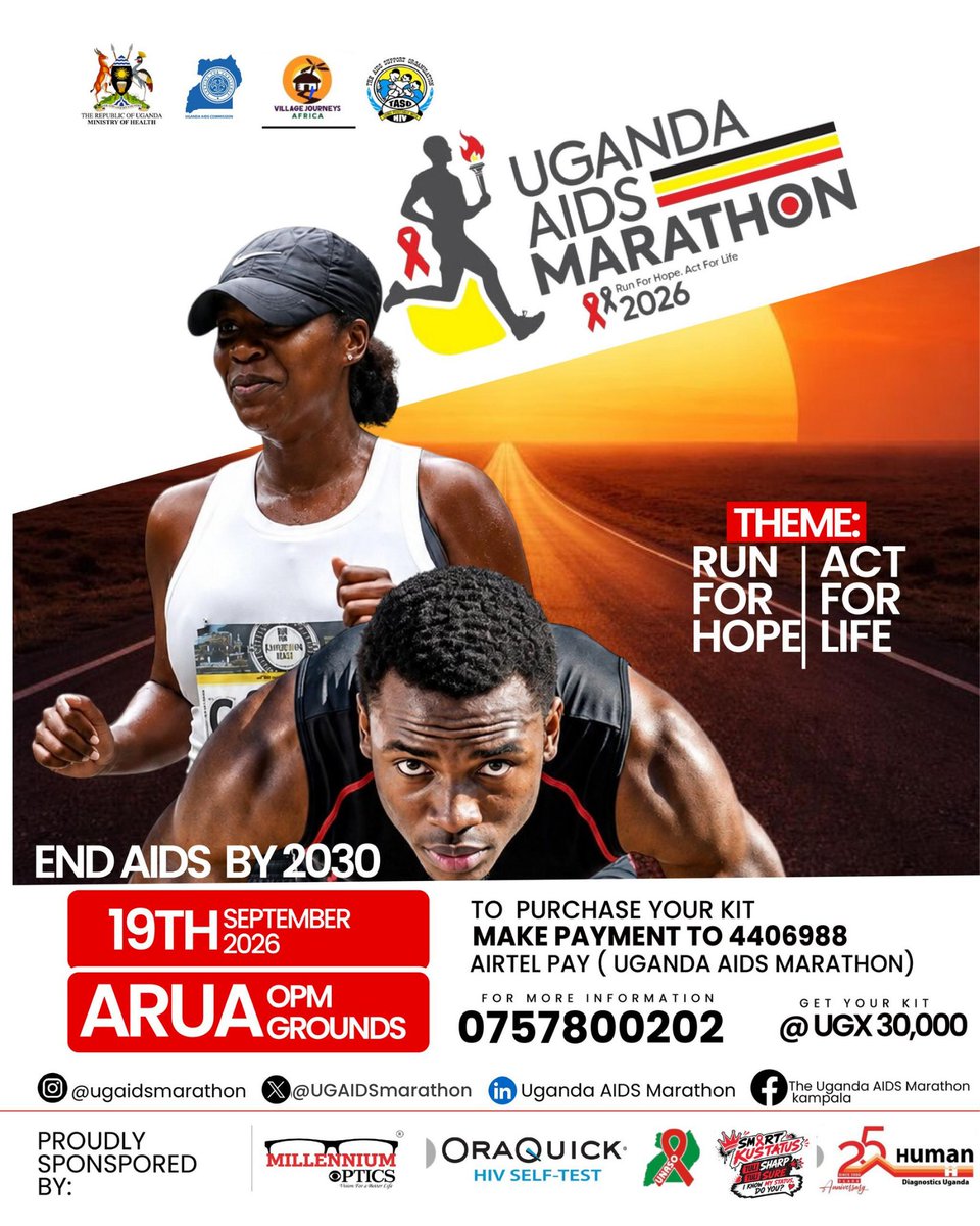 TASOUganda's tweet photo. The Uganda AIDS Marathon is on. 
Run with us across 10 cities in the country.  
On the 19th September 2026, we are in ARUA, OPM Grounds, 7.00am. 
Raise HIV awareness, support communities of persons living with HIV. 
Run for HOPE, Act for LIFE. https://t.co/xV3bt5m6EN