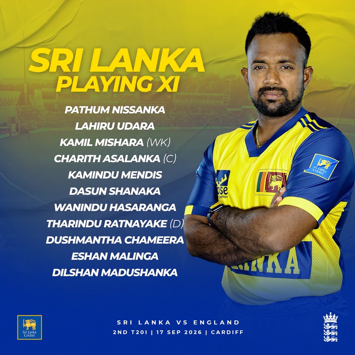 OfficialSLC's tweet photo. Here’s Sri Lanka’s Playing XI for the 2nd T20I 🇱🇰🏏

#SLvENG #SriLankaCricket https://t.co/sYag6fYZ3k