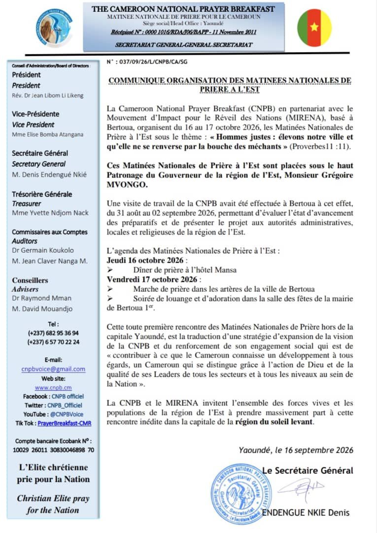 CNPB_Officiel's tweet photo. Les Matinées Nationales de Prière à l'Est, se tiendront du 16 au 17 octobre 2026 sous le haut patronage du Gouverneur de la région de l'Est. Thème:"Hommes justes: élevons notre ville et qu'elle ne se renverse par la bouche des méchants",(Prov11:11).
#CNPB
#Est
#East https://t.co/divfHd5D8G