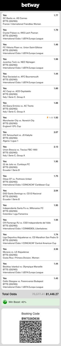BTTSPLUG_'s tweet photo. I just placed a bet with Betway. Tap here to copy my bet or search for this booking code in the Multi Bet betslip BW7326D636 https://t.co/wb1Lq1BoeA

Both teams to score 🔥🔥👨🏽‍🍳

81,446.27 odds 💸💸💸

Kickoff starts 20:45 🥅⚽️ https://t.co/g0wam2Xnk0