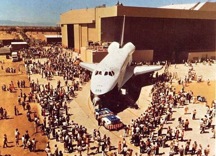 50YearsAgoLive's tweet photo. The first U.S. “Space Shuttle,” called “Enterprise” after the television series Star Trek, is rolled out of a hangar at Palmdale, California for its first display. 

NASA was originally going to call the craft “Constitution,” but President Ford personally insisted that it be called “Enterprise.”