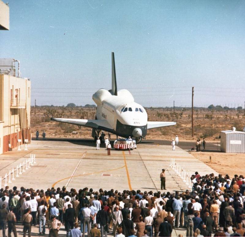 50YearsAgoLive's tweet photo. The first U.S. “Space Shuttle,” called “Enterprise” after the television series Star Trek, is rolled out of a hangar at Palmdale, California for its first display. 

NASA was originally going to call the craft “Constitution,” but President Ford personally insisted that it be called “Enterprise.”