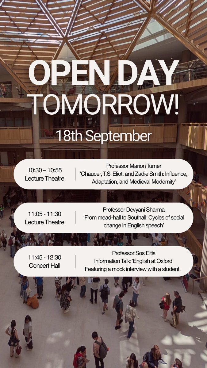 engfac's tweet photo. We look forward to welcoming everyone to the Oxford University Open Day tomorrow (18 Sept)! Come and visit the English Faculty in the Schwarzman Centre for taster lectures, info talks and Q&amp;As with current students!  No booking required: https://t.co/SpJNmxryPb https://t.co/BtSkIuaSeX