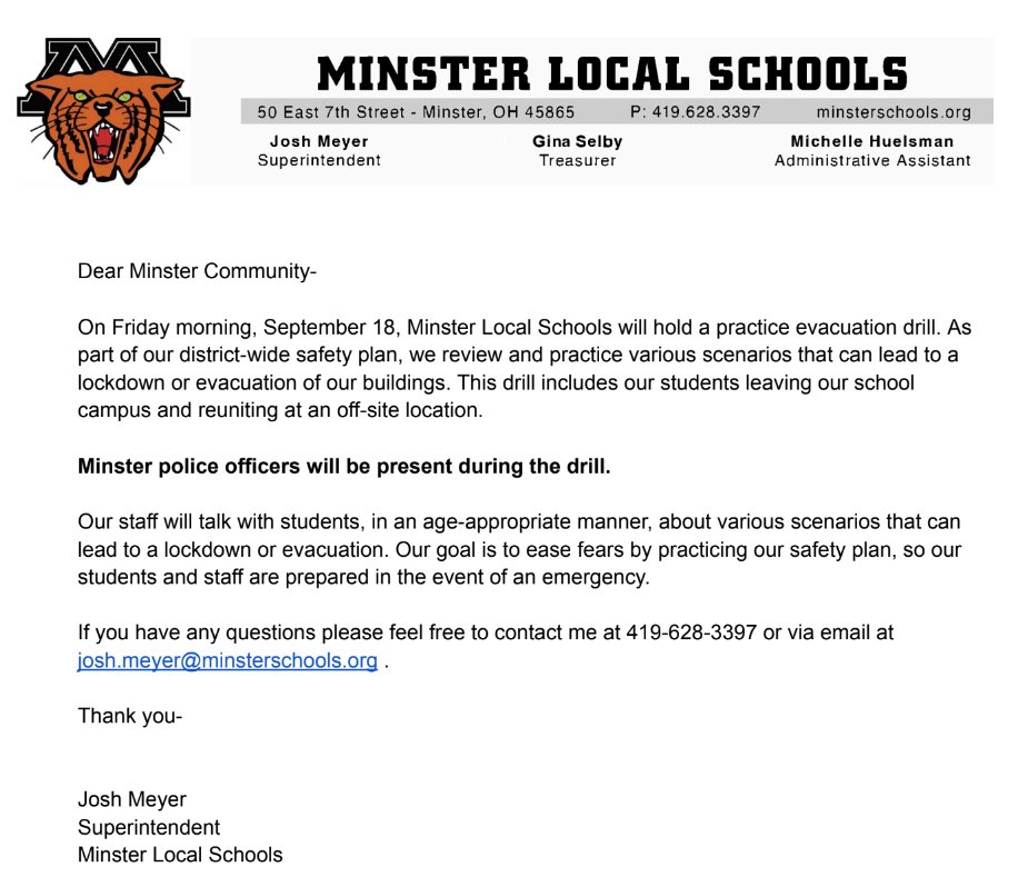 MinsterSchools's tweet photo. Tomorrow morning Minster Schools will be holding our annual Evacuation Drill. Local law enforcement will be present for this drill. 

Please see the graphic for more information. https://t.co/sdsenKorKT