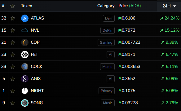 DexHunterIO's tweet photo. $ATLAS $NVL and $COPI are the biggest gainers on Cardano today🔥 https://t.co/ffIGrj3MNR