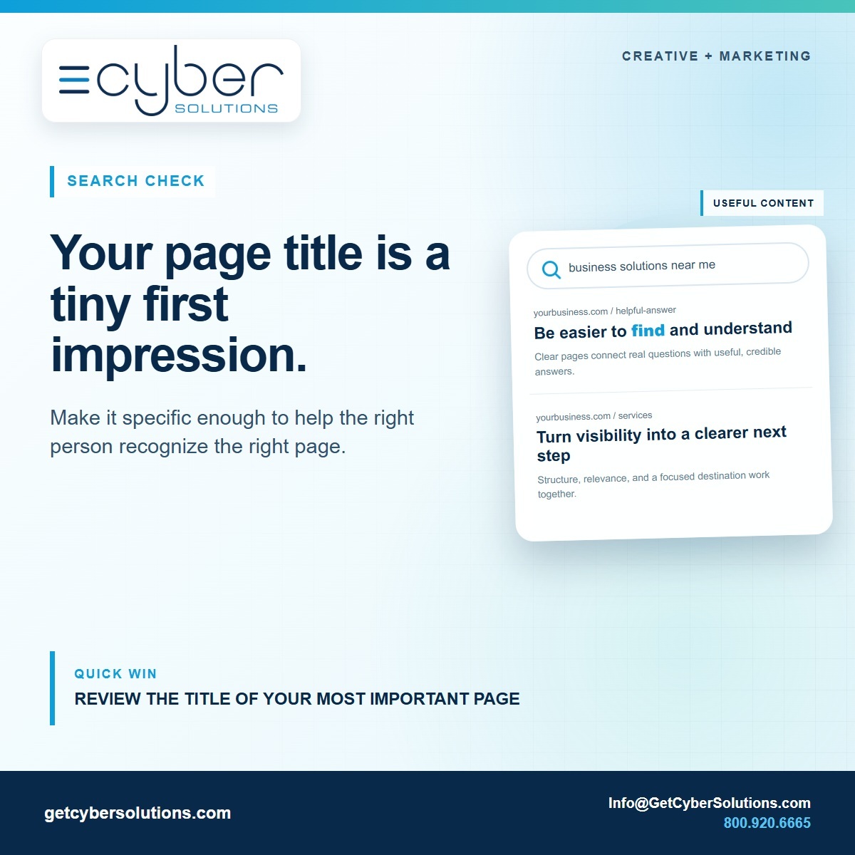 CyberSolutionsX's tweet photo. A page title should do more than repeat the company name.

Include the service or topic a searcher expects and keep the wording aligned with what the page delivers.

📞 800.920.6665
📨creative@getcybersolutoions.com

#PageTitles #SEO #SearchVisibility #WebsiteContent https://t.co/6zGsTDUIe8