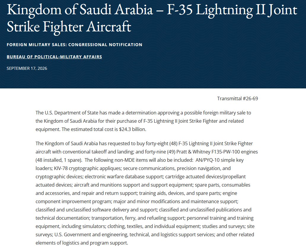 Roberto_yeager's tweet photo. Al hilo de... Arabia Saudí ha sido autorizada a la adquisición de hasta 48 #Lockheed F-35A #Lightning II, por 24300 millones de dólares #F35 #SaudiArabia https://t.co/FRGKEXn5Qm