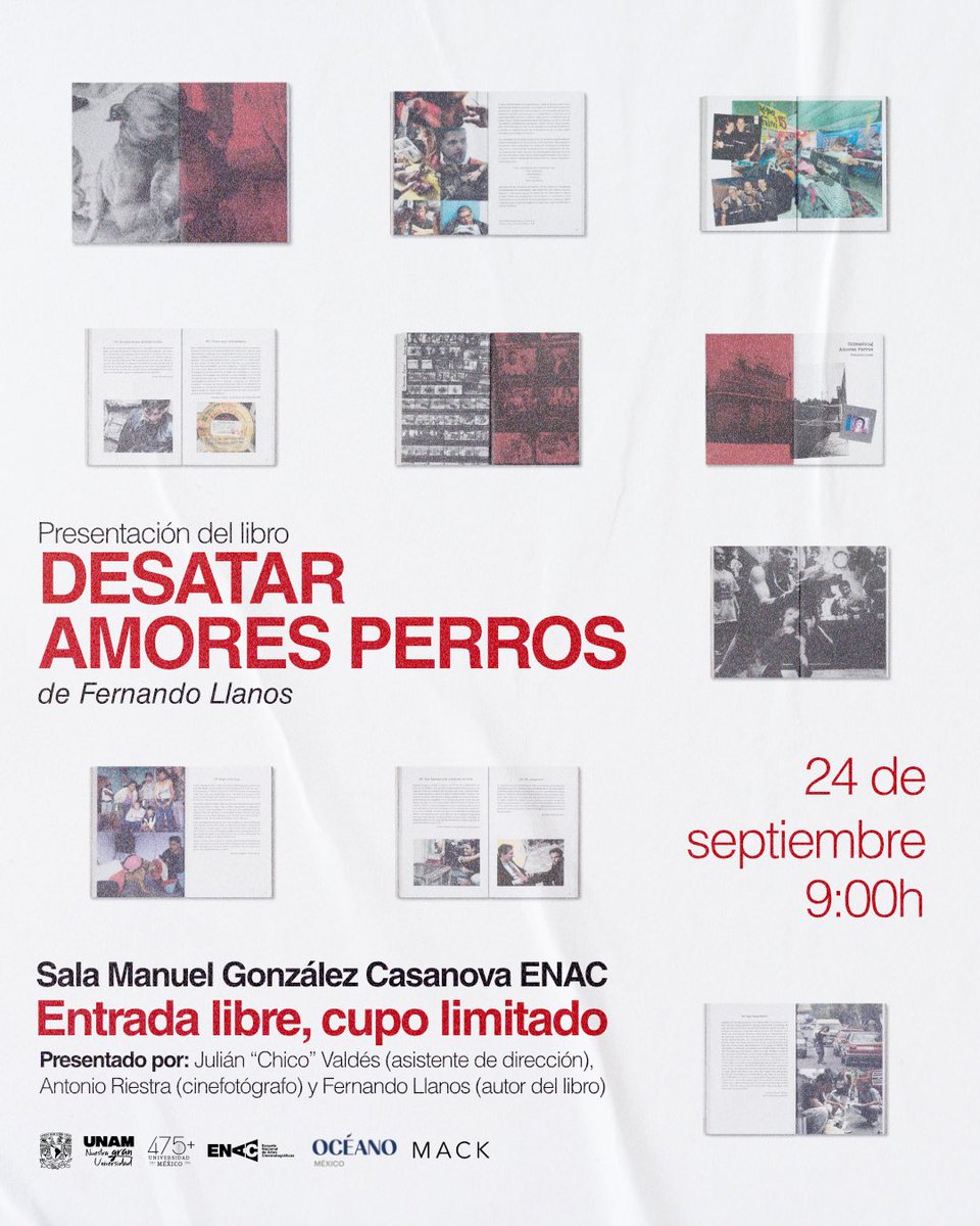 enacunam's tweet photo. 📚 Presentación de Desatando Amores perros

A 25 años de Amores perros, Fernando Llanos presenta Desatando Amores perros, un libro que reúne reflexiones y experiencias en torno a una de las películas fundamentales del cine mexicano contemporáneo.

Acompañan al autor en esta presentación Julián “Chico” Valdés, asistente de dirección, y Antonio Riestra, cinefotógrafo.

📅 Jueves 24 de septiembre
🕘 9:00 h
📍 ENAC-UNAM
��️ Entrada libre | Cupo limitado

Te esperamos para conversar sobre el cine, sus procesos y las historias detrás de Amores perros.