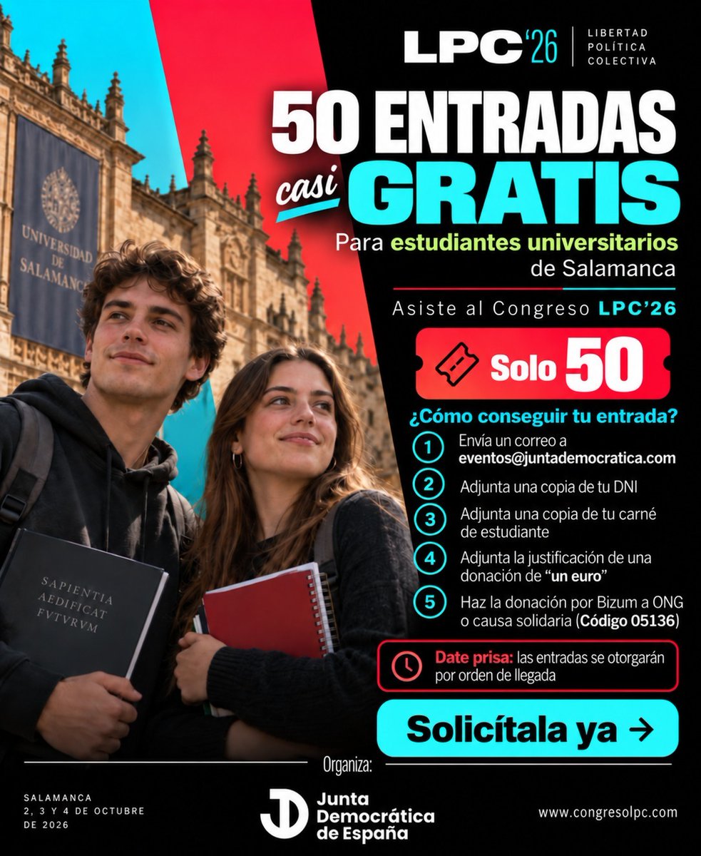 JDemocraticaES's tweet photo. ¿Eres estudiante universitario en Salamanca y quieres asistir al Congreso por la Libertad Política Colectiva? Hemos reservado 50 entradas para los jóvenes universitarios que quieran asistir, y sólo te costará un euro como donación simbólica.
#CongresoLPC https://t.co/FLtCI2TXKt