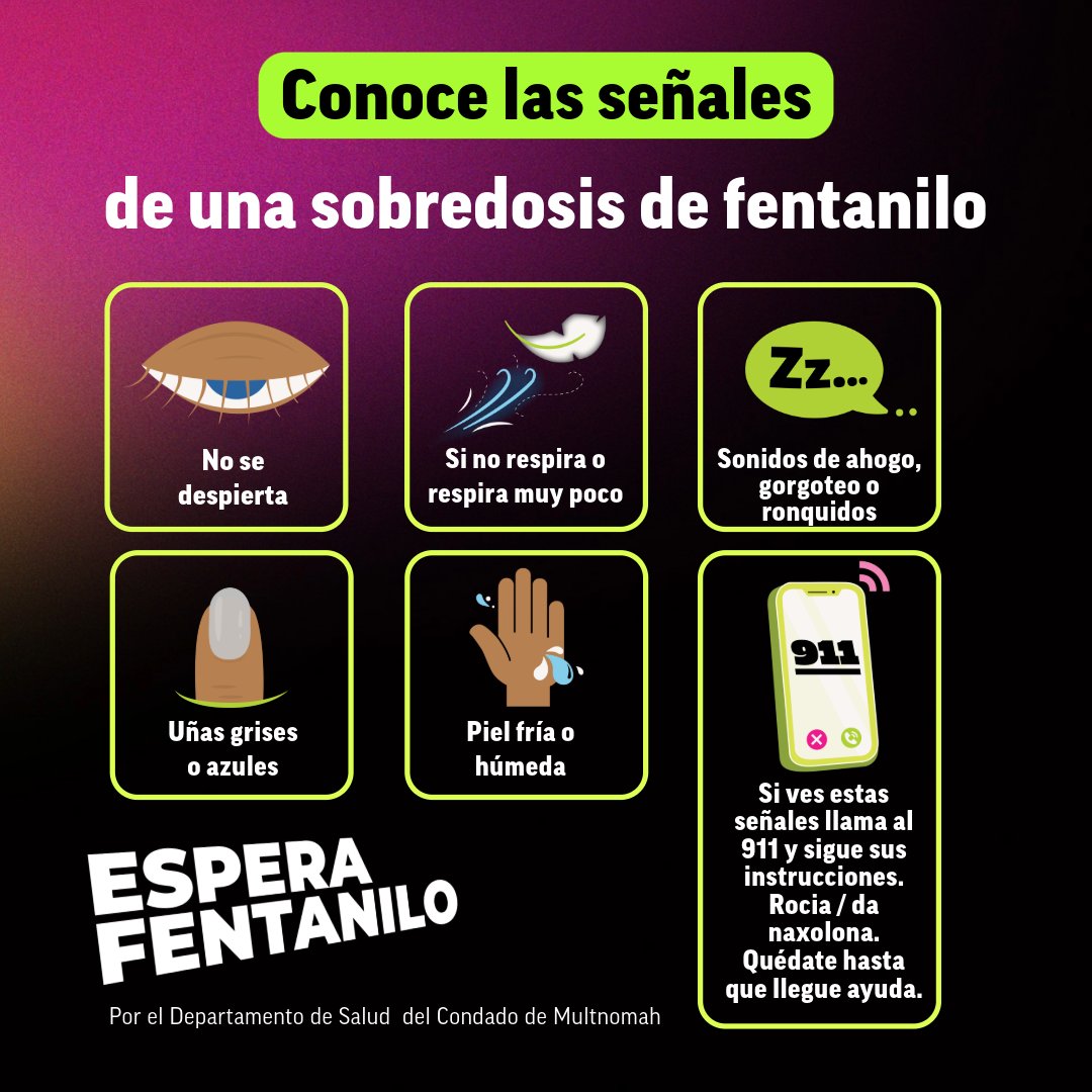 MultCoHealth's tweet photo. ➡️ Aprende a detectar una sobredosis.

✅ No se despiertan
✅ No respiran o respiran muy poco
✅ Sonidos de ahogo, gorgoteo o ronquidos
✅ Uñas grises o azules
✅ Piel fría o húmeda

🚨Si alguien tiene una sobredosis llama al 9-1-1 y usa naloxona (Narcan) si lo tienes. https://t.co/lgvKAoQUZ8
